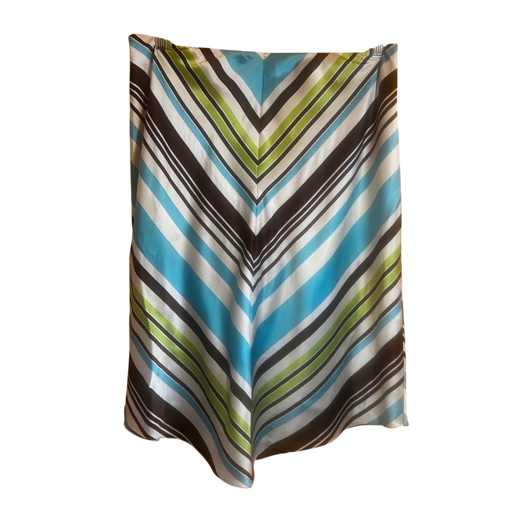 Apostrophe Womens 100% Silk Chevron Stripe Midi Skirt Blue Green Brown Size 14